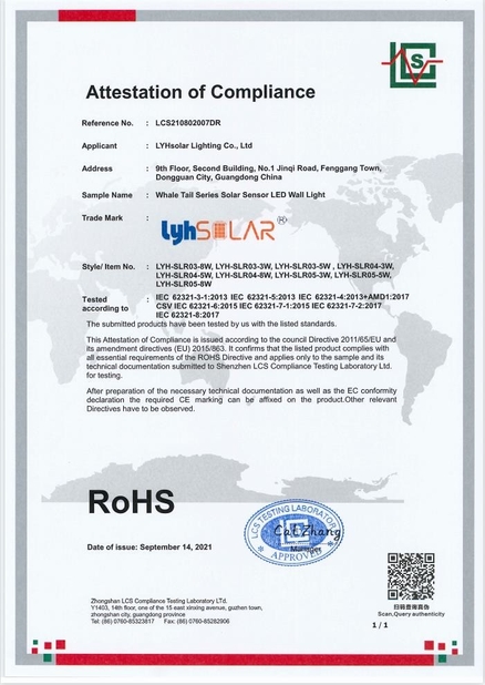 China DONGGUAN LYHSOLAR LIGHTING CO.,LTD certificaten